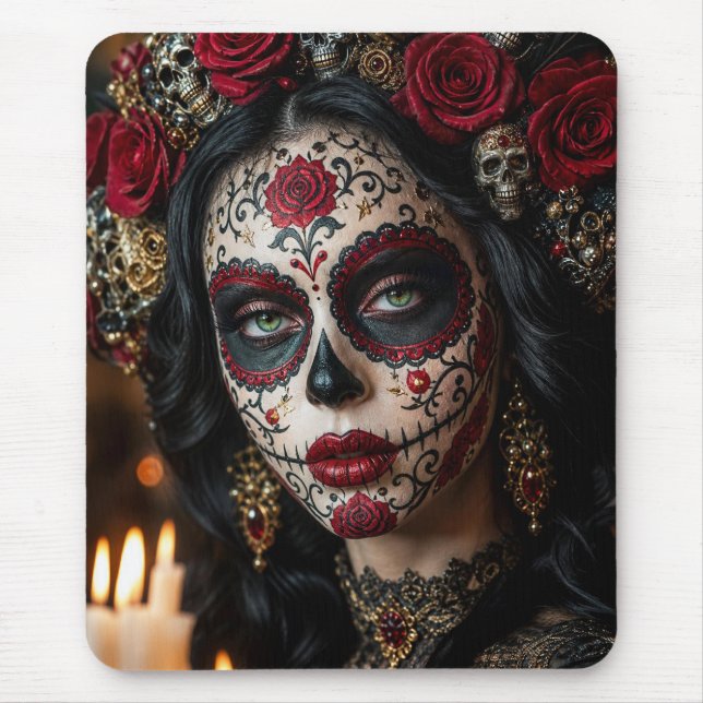 Crimson Rose Calavera – Elegant Dag av de Döda Musmatta (Framsidan)