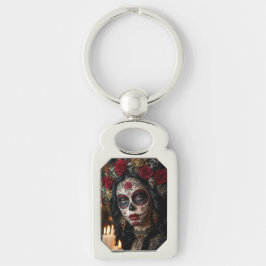 Crimson Rose Calavera – Elegant Dag av de Döda Rektangulärt Silverfärgad Nyckelring