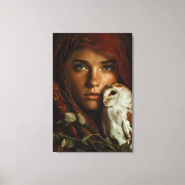 Crimson Scarf Snowy Owl Portrait Mystery Canvastryck (Framsida)
