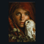 Crimson Scarf Snowy Owl Portrait Mystery Fototryck<br><div class="desc">A young woman with luminous green eyes looks straight ahead beneath a richly textured crimson headscarf that frames her face like a medieval veil. A snowy owl with delicate brown markings perches calmly on her shoulder, its gaze mirroring hers in quiet intensity. Golden autumn leaves cling to the fabric and...</div>