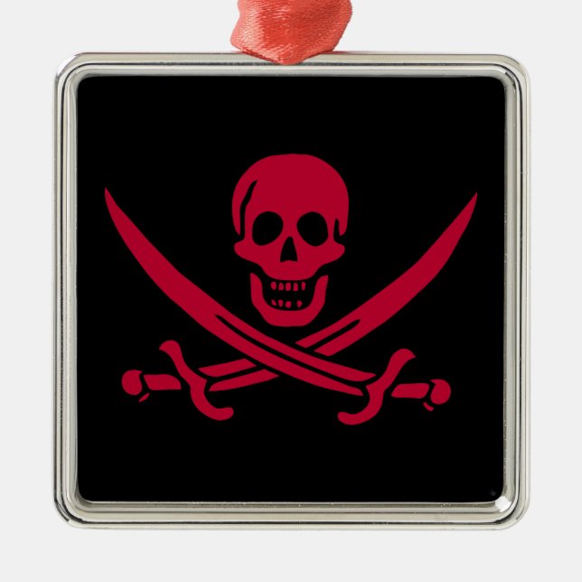 Crimson Skull & Swords Pirat flagga i Calico Jack Julgransprydnad Metall (Framsidan)