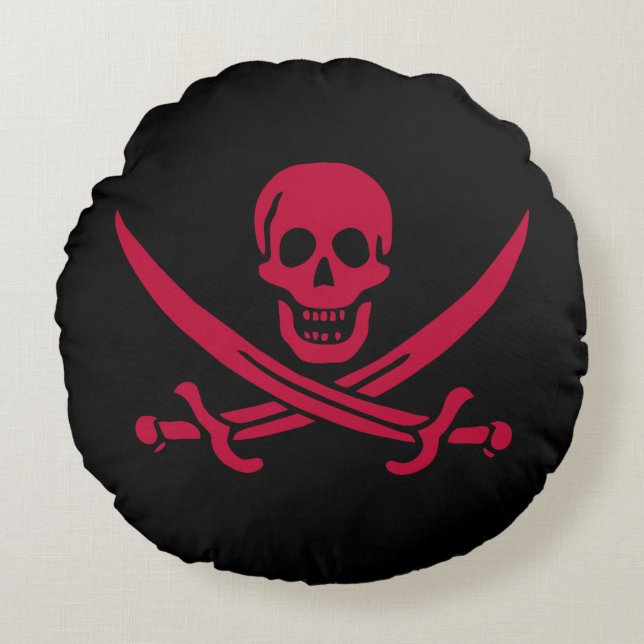 Crimson Skull & Swords Pirat flagga i Calico Jack Rund Kudde (Framsidan)
