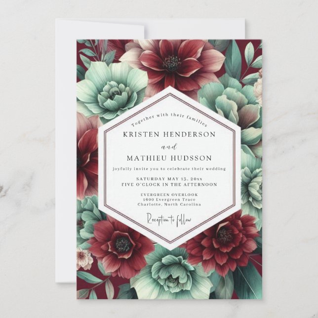 Crimson & Teal Lush Botanical Wedding Inbjudningar (Framsida)