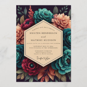 Crimson & Teal Opulent Blommande Bröllop Inbjudningar