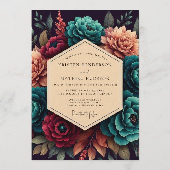 Crimson & Teal Opulent Bloom Wedding Inbjudningar (Framsida)