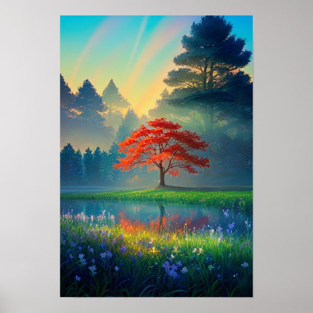 Crimson Träd Amidst Forest Clearing Poster (Framsidan)