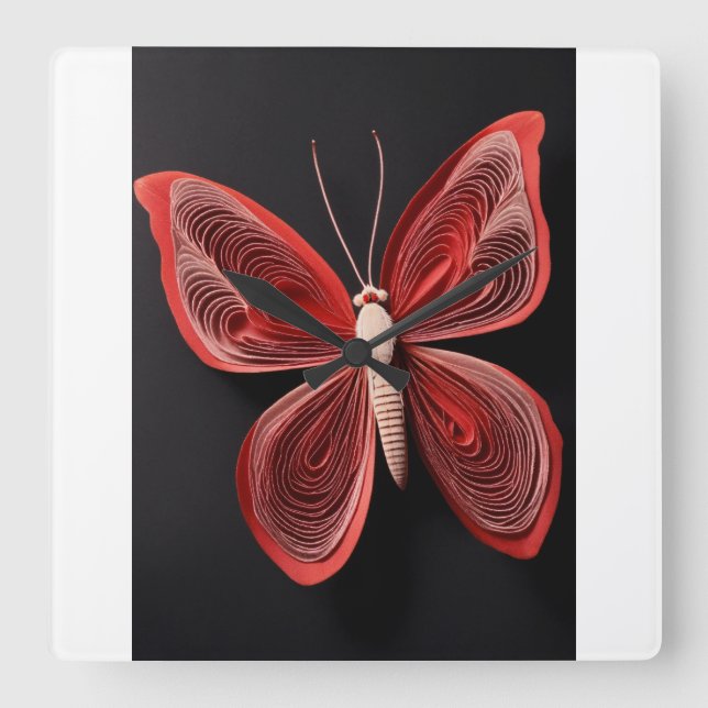 Crimson Vingar: Red Butterfly Tattoo Wall Watch Fyrkantig Klocka (Framsida)