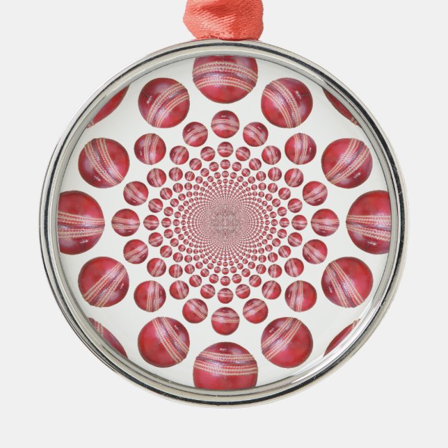 Crimson Vortex: Vacker Red Cricket Boll Art Julgransprydnad Metall (Framsidan)