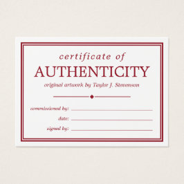 Crimson White Certificate of Authenticity Visitkort