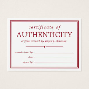 Crimson White Certificate of Authenticity Visitkort