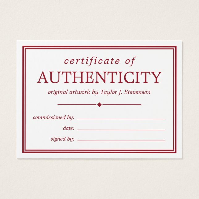 Crimson White Certificate of Authenticity Visitkort (Framsidan)