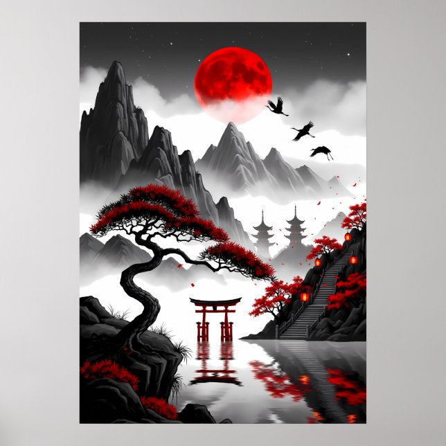 Crimson Zen: Japansk röd månlandskap Poster (Framsidan)