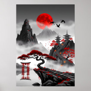 Crimson Zen: Japansk röd månlandskap Poster