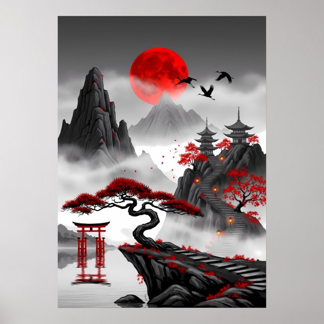 Crimson Zen: Japansk röd månlandskap Poster (Framsidan)