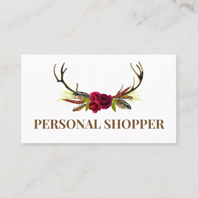 Crisp White & Boho Blommigt Antler Personal Shoppe Visitkort (Framsida)