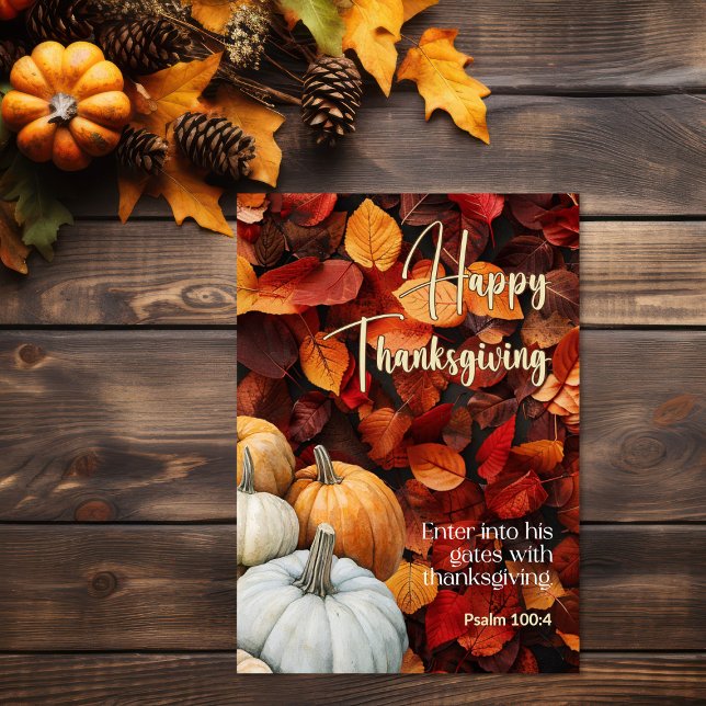 Crispy Löv bible Psalm 100:4 Happy thanksgiving Kort (crispy leaves with autumnal fall color palette Thanksgiving card)