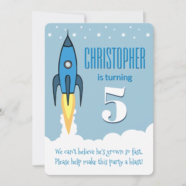 Cristiana Blue Rocket Frakt Rymden Birthday-inbjud Inbjudningar (Framsida)