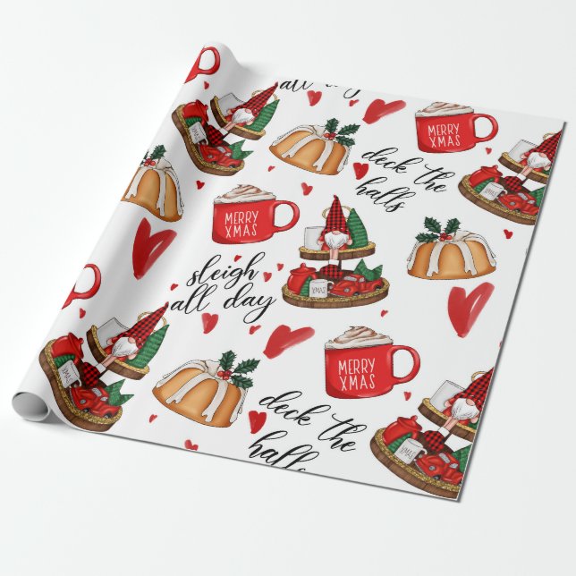 Cristmas Gnome,Kake,Hearts Cute Wrapping Papper Presentpapper (Utrullad)