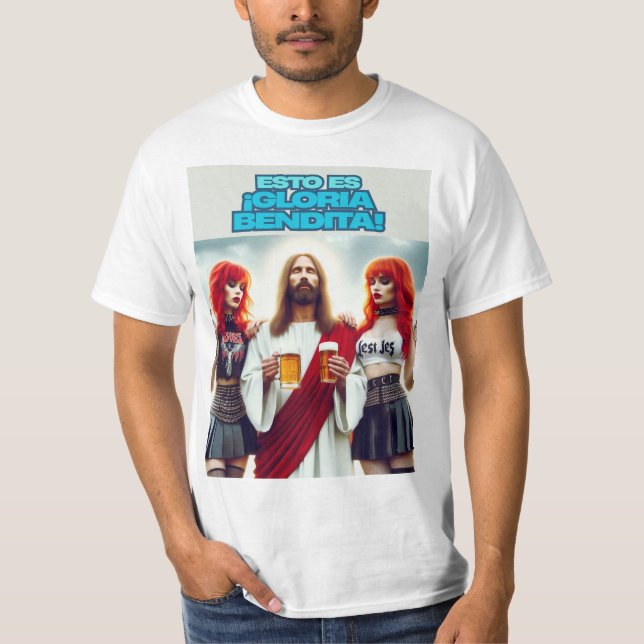 Cristo disfrutando con amigas metaleras t shirt (Framsida)