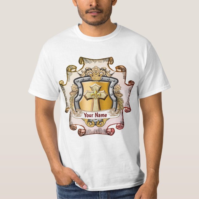 Cristos Cross Shield Efternamn T Shirt (Framsida)