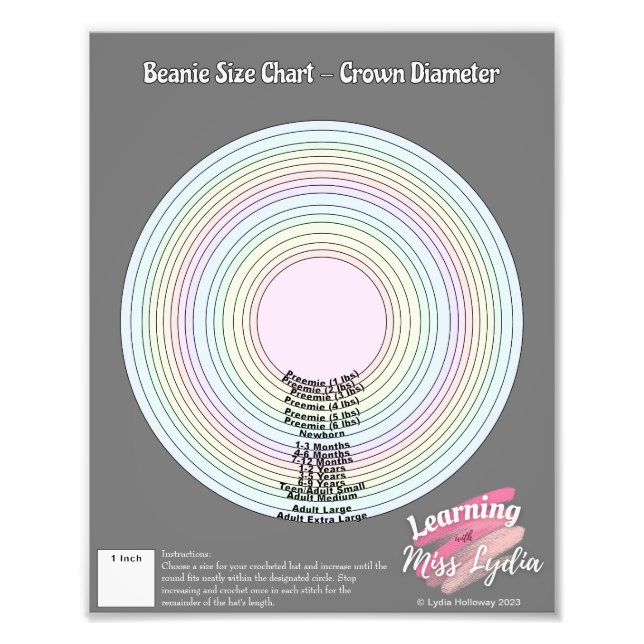Crochet Beanie Storlek Chart for Educational Använ Fototryck (Framsidan)