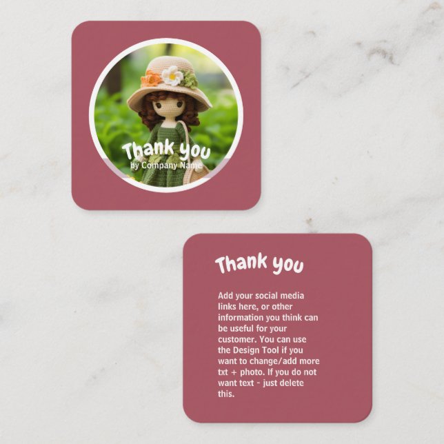 Crochet dam grönt  rosa Tack Fyrkantigt Visitkort (Fram/baksida)