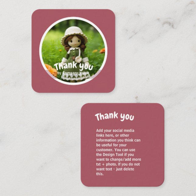 Crochet dam grönt  rosa Tack Fyrkantigt Visitkort (Fram/baksida)