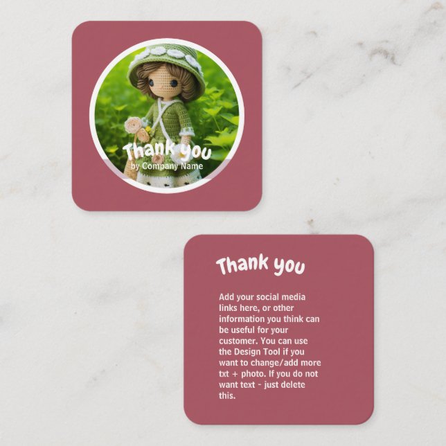 Crochet dam grönt  rosa Tack Fyrkantigt Visitkort (Fram/baksida)