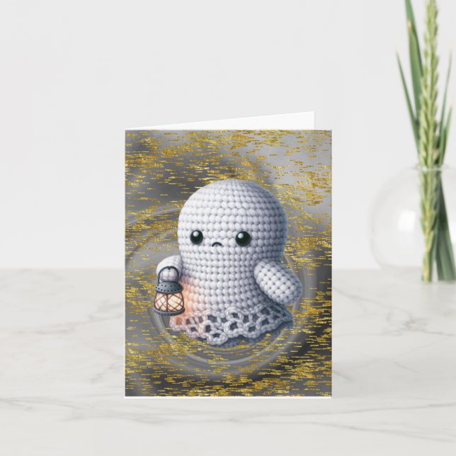 Crochet Ghost med tomt Lantern Tack Kort (Framsida)