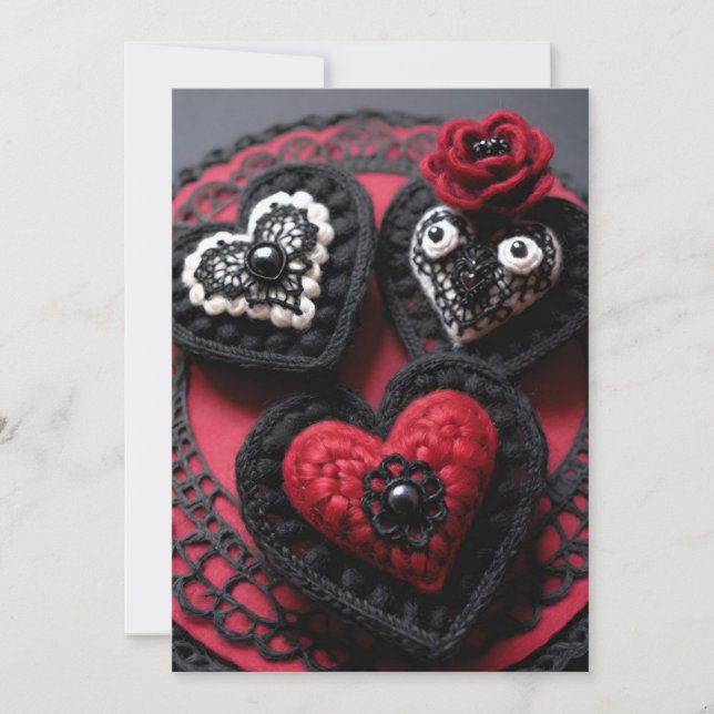 Crochet Gothic Valentine Red & Black Hearts Julkort (Framsida)