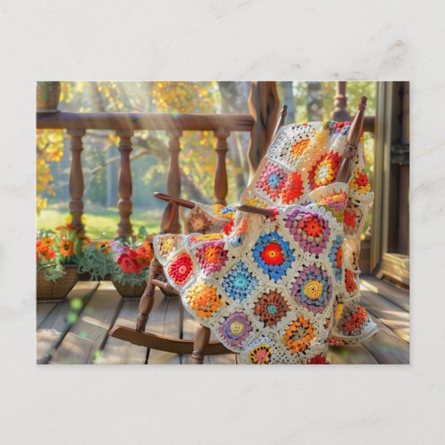 Crochet Granny Square Blanket Lying on a Rocking C Vykort (Framsida)