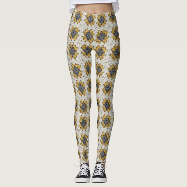 Crochet Grants kvadratisk gult och grått Leggings (Framsida)