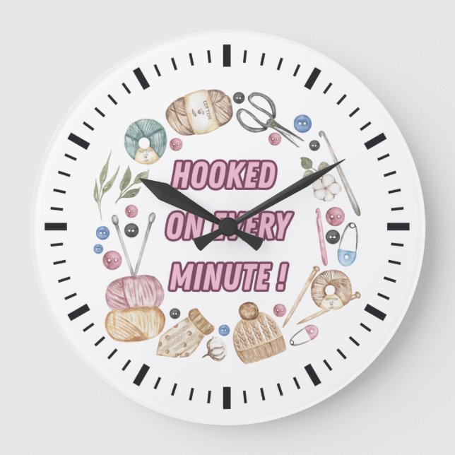 Crochet Inslag Circle "Hooking on Varje minut" Stor Klocka (Framsida)