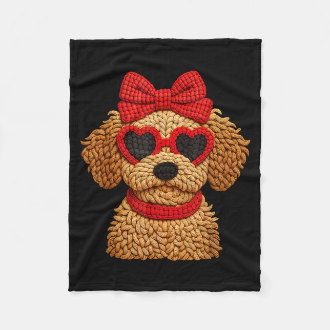 Crochet Puppy Heart Sungles Red Bow Valentines Day Fleecefilt (Framsidan)