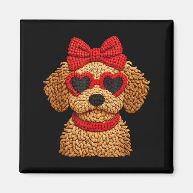 Crochet Puppy Heart Sungles Red Bow Valentines Day Magnet (Framsidan)