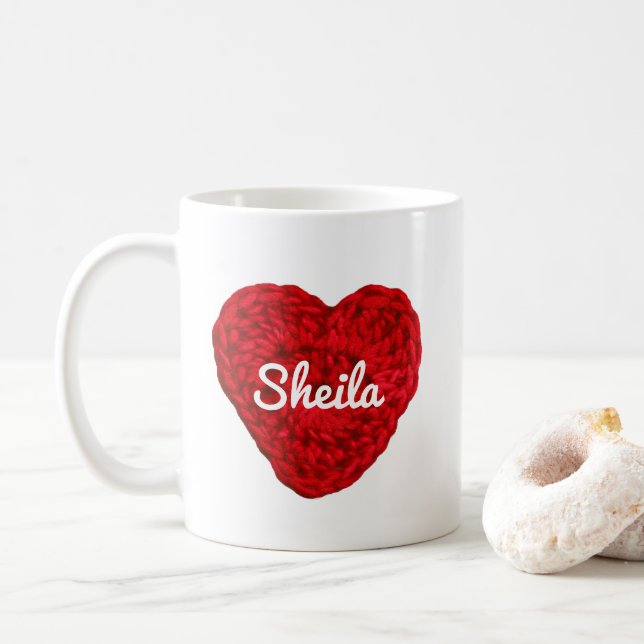 Crochet Yarn Heart + Namn Red Kaffemugg (Med munk)