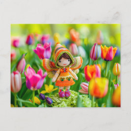 Crocheteted Little Fairy with Tulips Helg Vykort