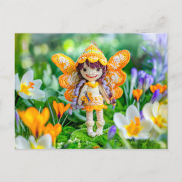 Crocheteted Vår Fairy with Blooming Crocuses Helg Vykort