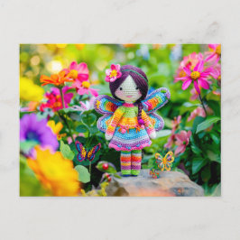 Crochetetésommar Fairy in Flower Bed with Zinnias Helg Vykort