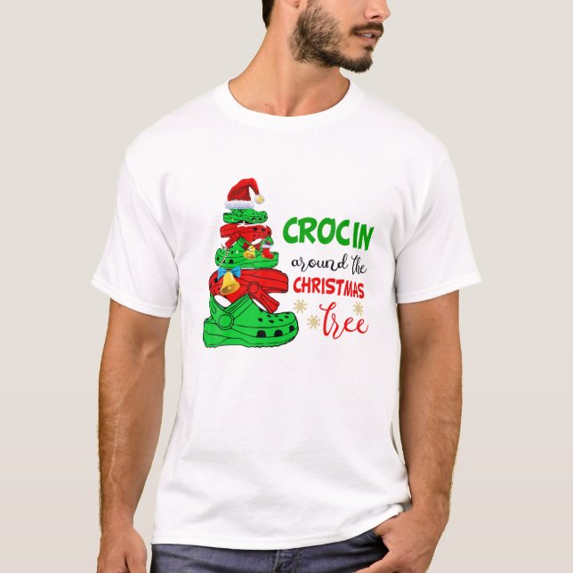 Crocin runt Julgran med Snöflingor X T Shirt (Framsida)
