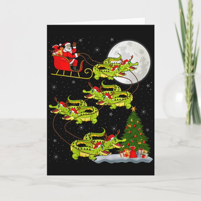 Crocodile Alligators Santa Sleigh Flying Funny Chr Kort (Framsida)