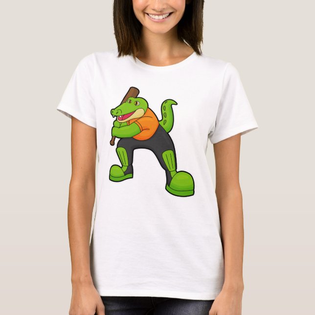 Crocodile at Cricket with Cricket bat T Shirt (Framsida)