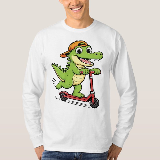 Crocodile Playing Scooter T Shirt (Framsida)