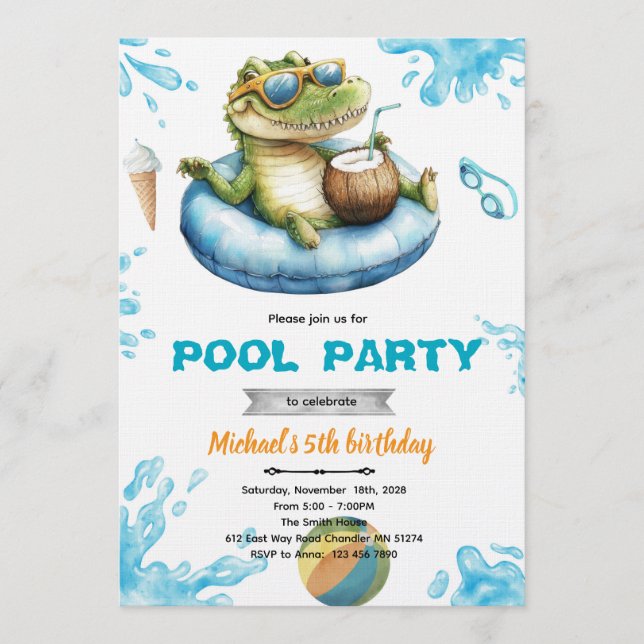 Crocodile Pool Party Birthday Invitation Inbjudningar (Framsida)