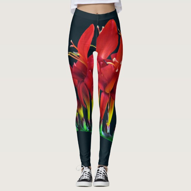 Crocosomia Lucifer Montbretia Blommigt Leggings (Framsida)