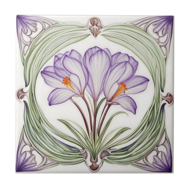 Crocus on Symmetric Art nouveau keramisk panel Kakelplatta (Framsidan)