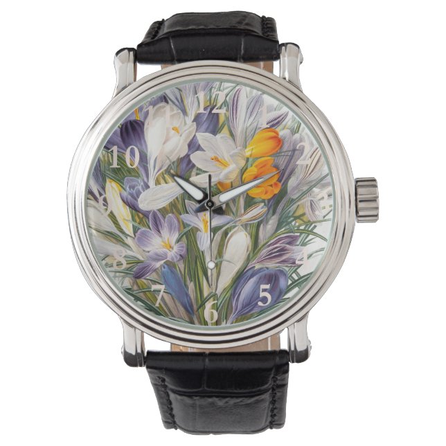 Crocus Vår Flower Botanical Blommigt Art Armbandsur (Framsida)