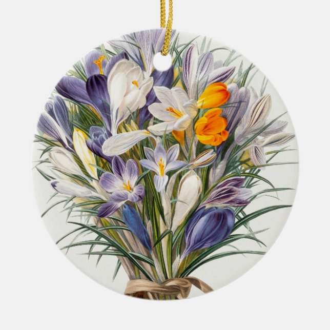 Crocus Vår Flower Botanical Blommigt Art Julgransprydnad Keramik (Framsidan)