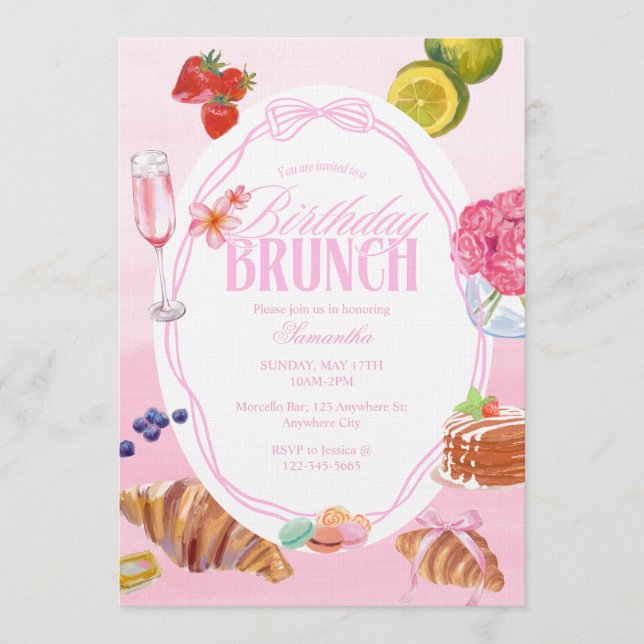 Croissant Rosa Födelsedagsbrunch  Inbjudningar (Framsida)