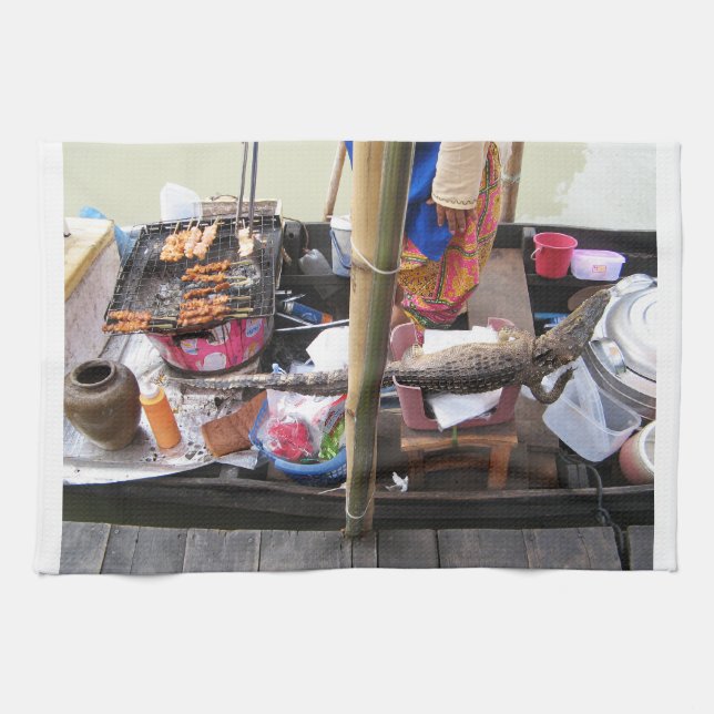 Crokodile Kött BBQ ... Thailand Street Food Kökshandduk (Horisontell)